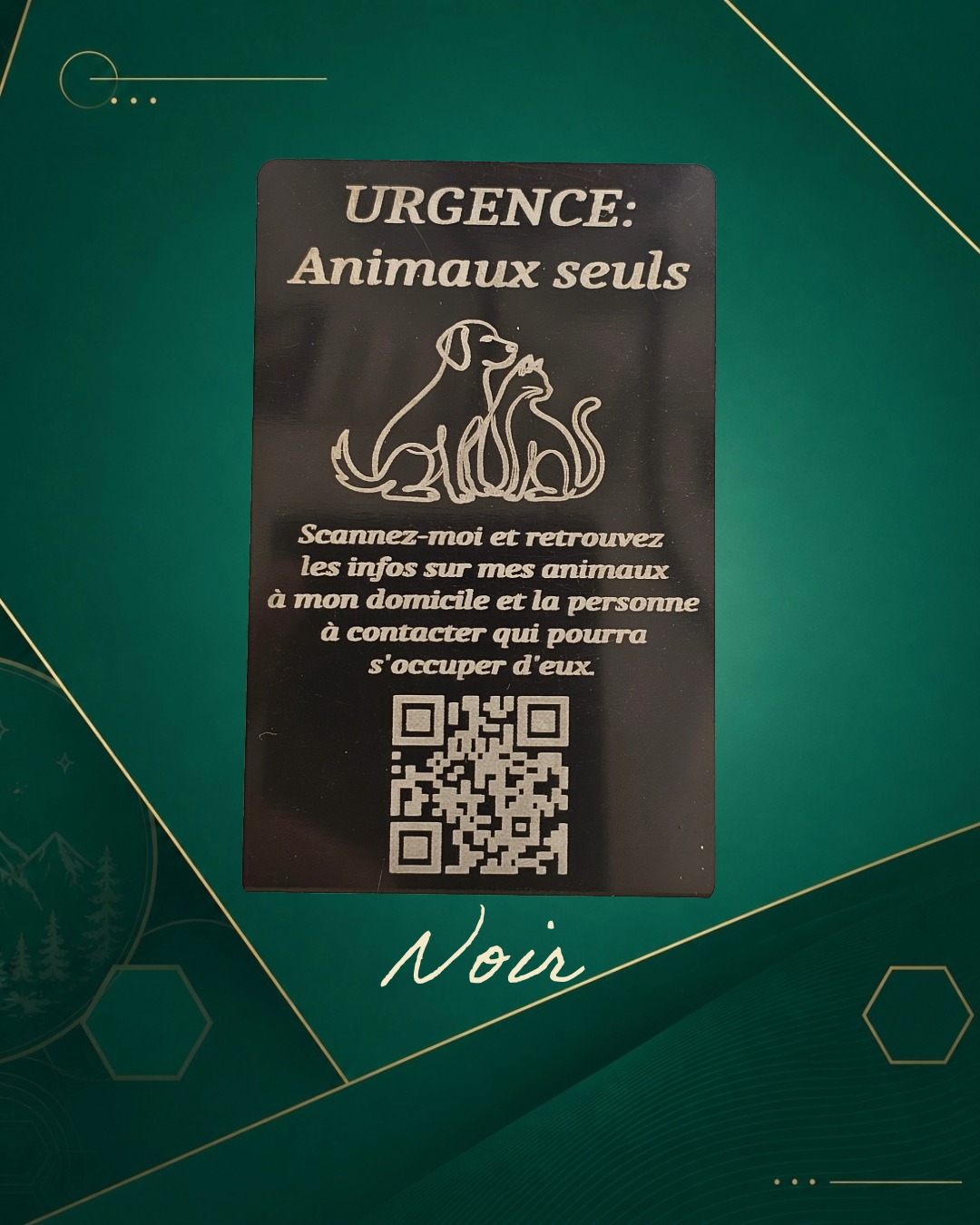 Carte Urgence Animaux coloris noir brillant gravée laser