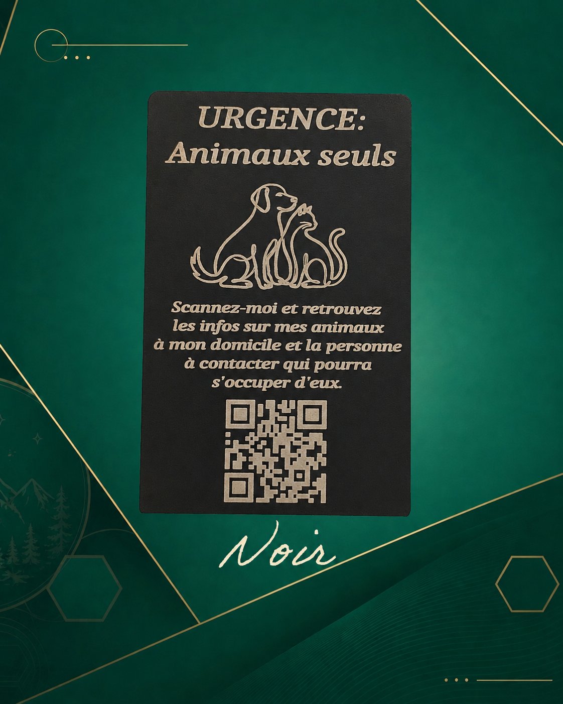 Carte Urgence Animaux coloris noir mat gravée laser — Signature Animale
