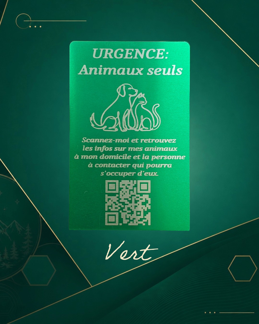 Carte Urgence Animaux coloris vert gravée laser