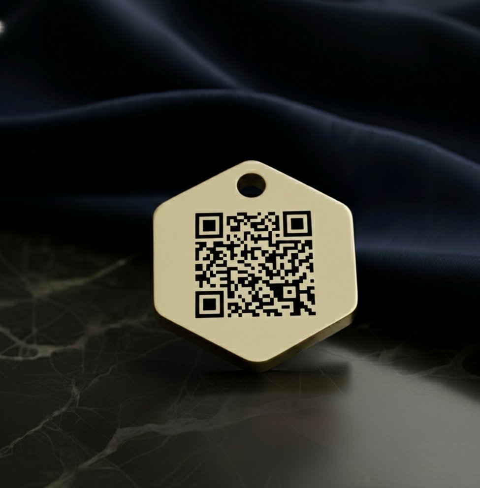 Médaillon hexagone gravé laser avec QR code — Signature Animale Toulouse